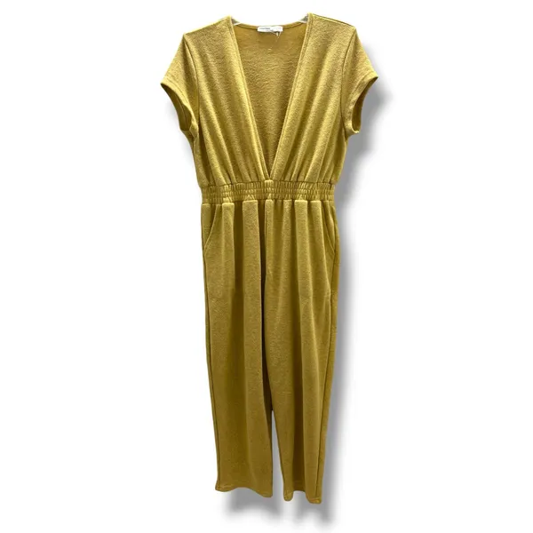 Vada Winter‎ x Maverick Jumpsuit L Mustard Yellow Knit Smocked V Neck Pockets - Image 2