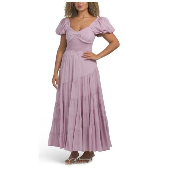 FREE PEOPLE Sundrenched Smocked Puff Sleeve Maxi Dress Size Medium - Image 10