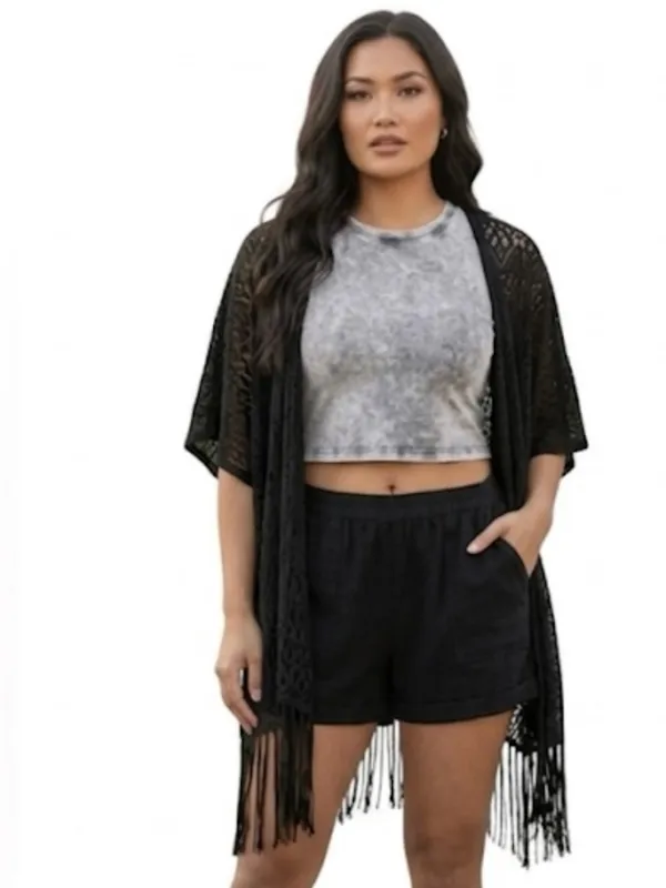 Olive Tree Black Fringe Kimono Geometric print Women’s Size S/M - Image 8