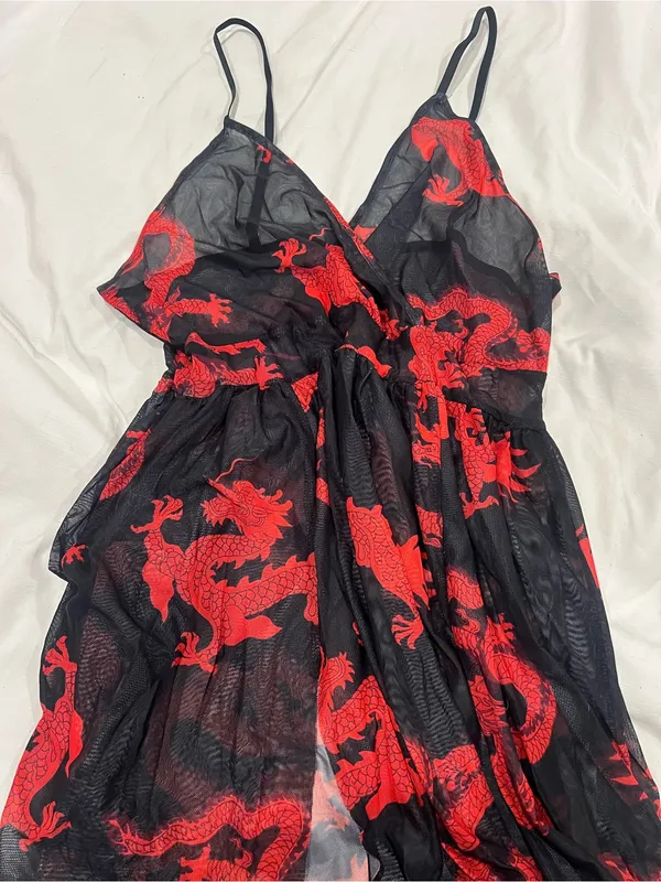 SheIn Black & Red dragon Floral Maxi Dress with Slit - Image 2