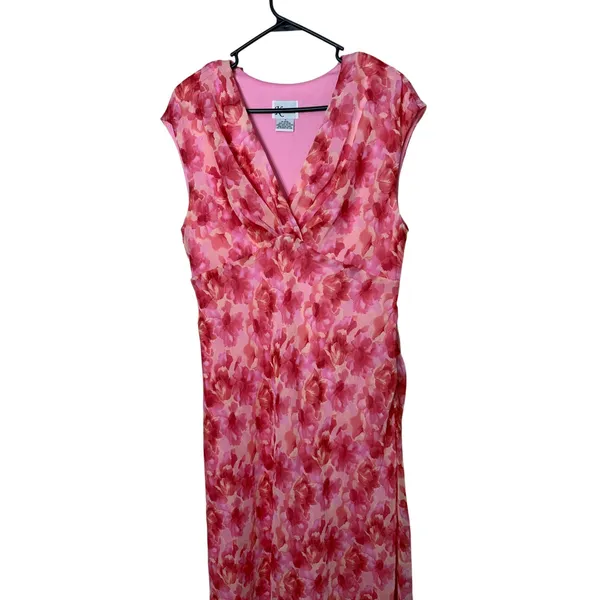 K Studio‎ Pink Floral Chiffon Maxi Dress Sleeveless V-Neck Ruched Size 14 - Image 2