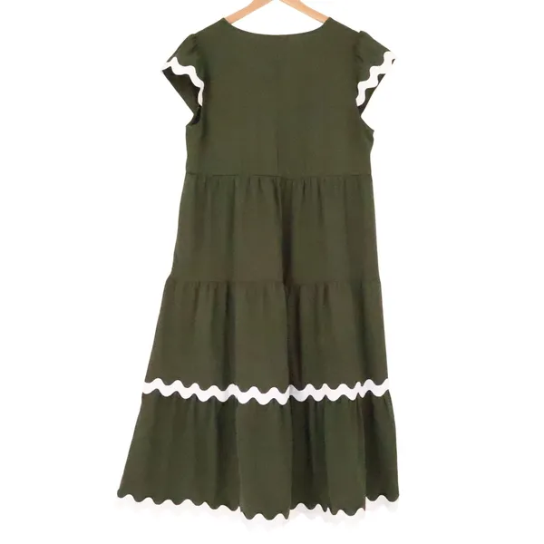BTFBM Ric Rac Tiered Midi‎ Dress Womens Size L Olive Green Boho Cottage Pockets - Image 4