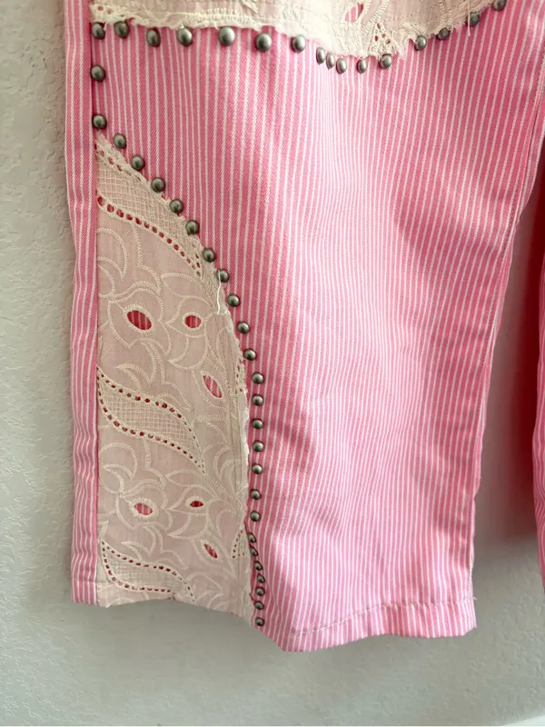 Everyday chic Blossom Pink Striped Wide Leg Lace Patchwork Size M - Image 5