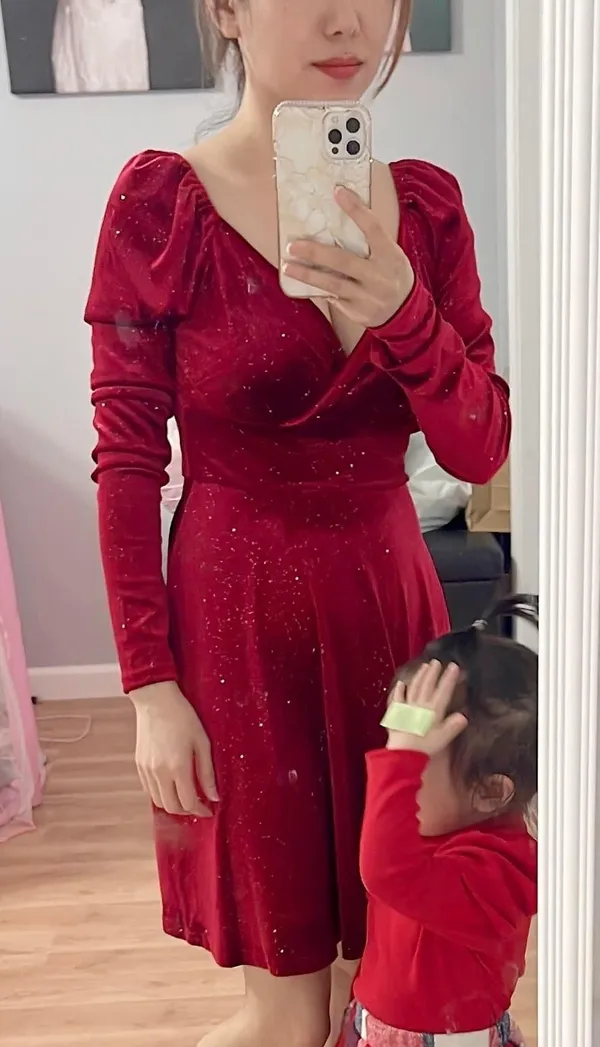 Red velvet king sleeve mini small Nwot red bling dress v - Image 4