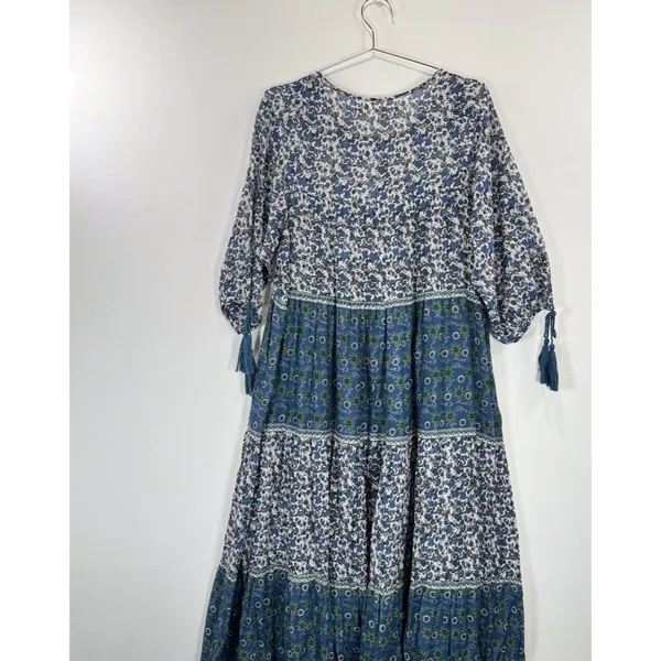 Daughters of India Maxi Dress Blue Floral Ditsy Tiered A Line Flowy Boho Medium - Image 9