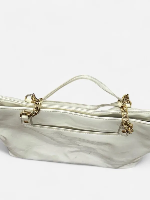 Michael Kors White Embossed Logo Patent Tote Bag Chain Strap Shoulder Purse - Image 3