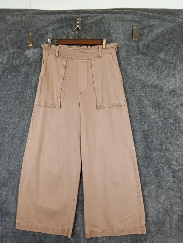 YFB paperbag Waist Wide Leg Cropped Pants Tensel Coastal Summer Womens L - Image 4