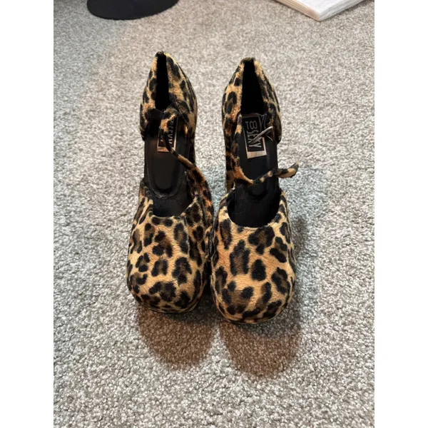 Too Sexy Leopard Print Faux Fur Platform Block Heels Ankle Strap Pumps 7.5 - Image 5