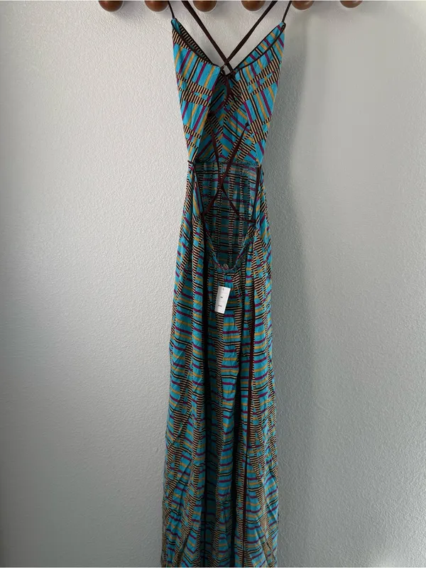 NWT Urban Outfitters UO Gia Open Back Flowy Boho Maxi Dress Medium Blue - Image 6