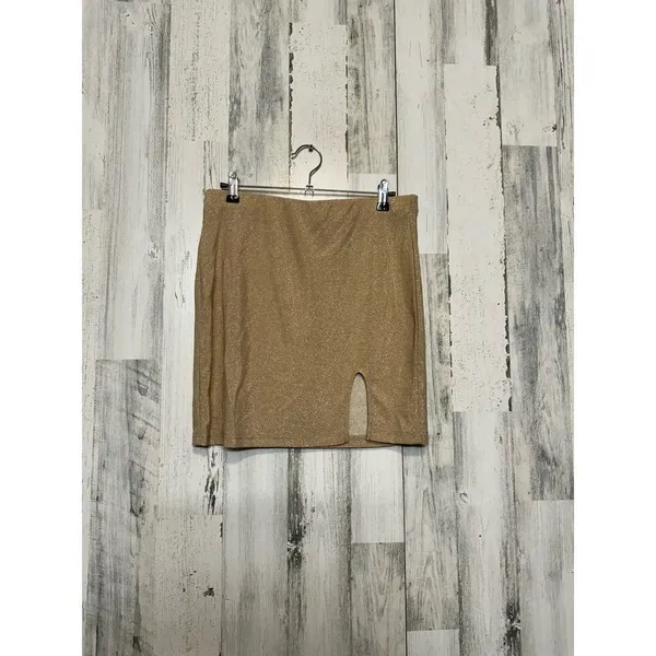 Gold Shimmer Two Piece Set Long Sleeve Crop Top & Mini Skirt Size Large - Image 9