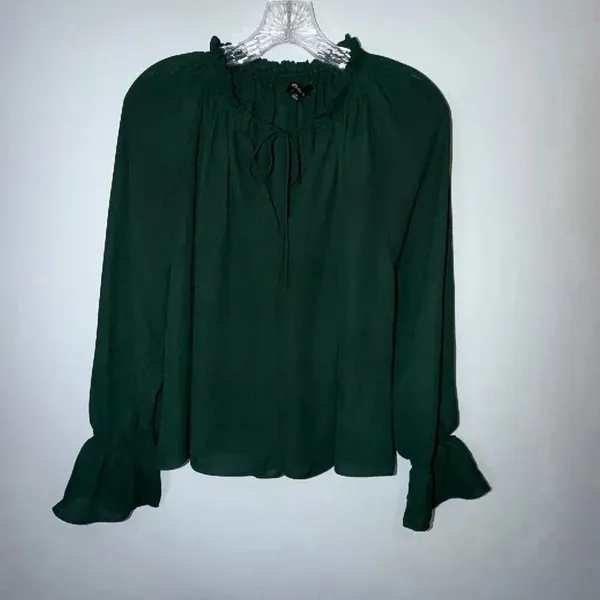 Madewell Long-Sleeve Tie-Neck Top Luxury Forest Sheer Blouse Size XS #1100 - Image 3
