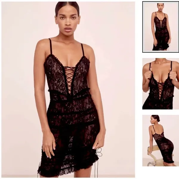 For Love And Lemons Gracie Lace Slip Dress Black Sheer Dark Romantic Corset S - Image 3
