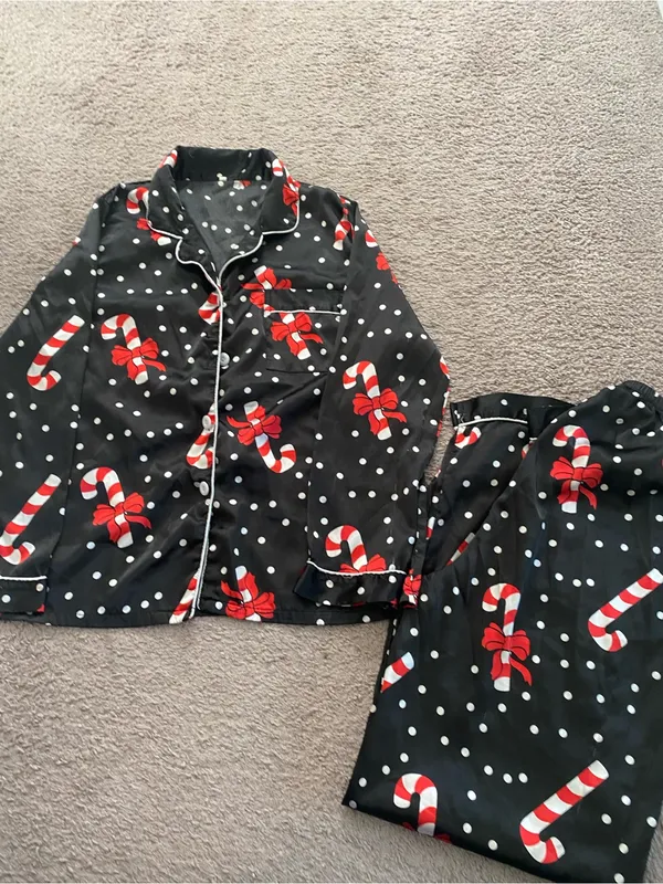 Woman’s Black Candy Cane Print Pajama Set - Image 2