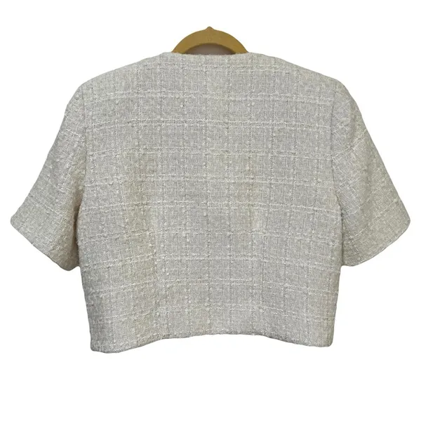 Abercrombie & Fitch Cream Short-Sleeve Cropped Tweed Blazer Jacket M - Image 6