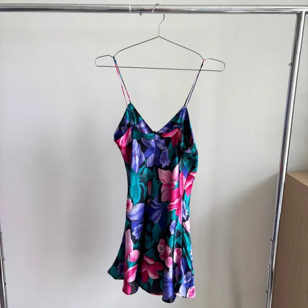 80s Vintage Cacique Lingerie Bold Floral Slip Dress Romper Sleepwear Glam Small - Image 2