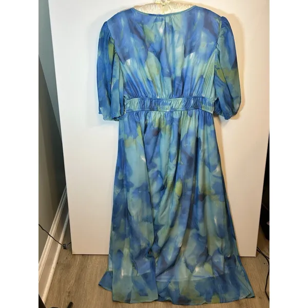 Sissyyaki Women’s XL Blue Green Watercolor Floral V Neck Empire Waist Maxi Dress - Image 12