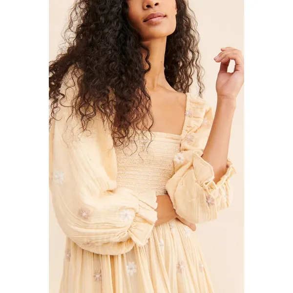 Free People Dahlia Embroidered Maxi Dress Sand Gauzy Smocked Size Small Cotton - Image 13