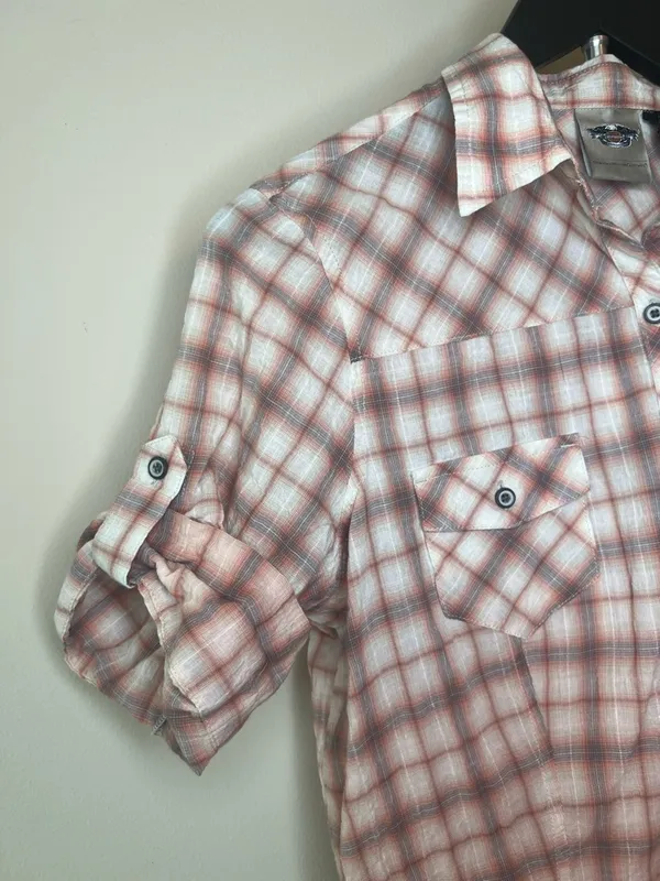 Harley Davidson Corset Back Plaid Shirt‎ Small Pink Spellout Logo Fitted - Image 6