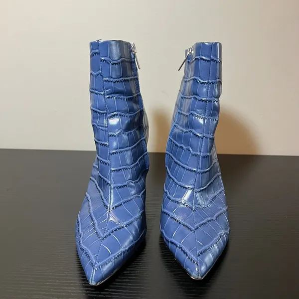 Marc Fisher LTD Blue Croc Embossed Pointed Toe Block Heel Ankle Boots Size 8.5 - Image 4