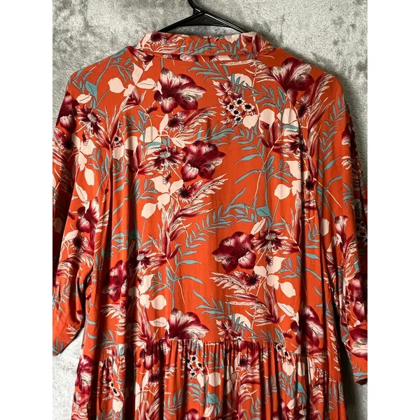Natural Life Floral Tiered‎ Midi Dress Button Front Boho Women's Medium Orange - Image 4