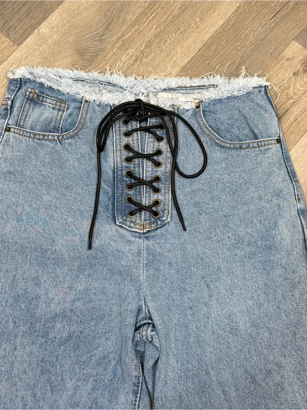 Vintage Y2k Lioness Lace Up Front Raw Edge Crop Jeans Blue Small‎ Straight High - Image 4