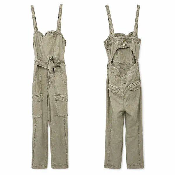 Free People FP Go West Olive Green Utility Cargo Denim Relaxed Leg Jumpsuit XS - Image 7