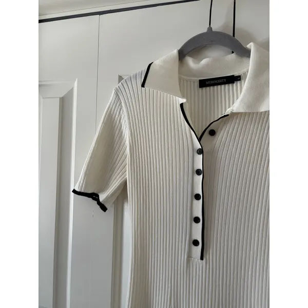Merokeety Women’s Ribbed Knit Polo Sweater Dress Size Large Black Trim Midi - Image 5