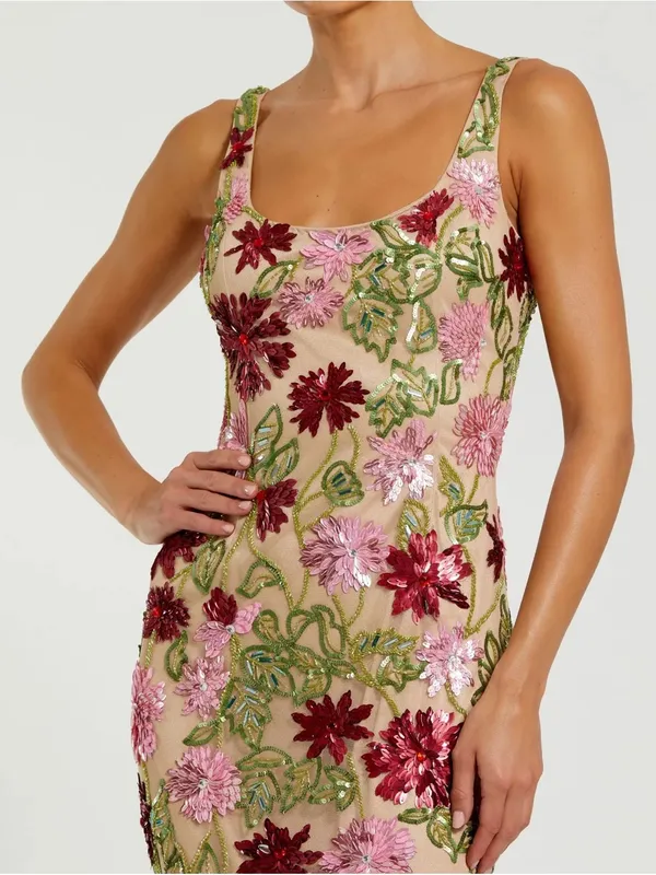 Mac Duggal 6124 Beige Floral Beaded Scoop Neck Midi Dress sz 4 - Image 2