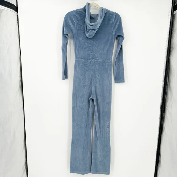 Iets Frans UO Womens Loungewear Kenny Plunge Neck Hooded Velour Jumpsuit XS Blue - Image 11