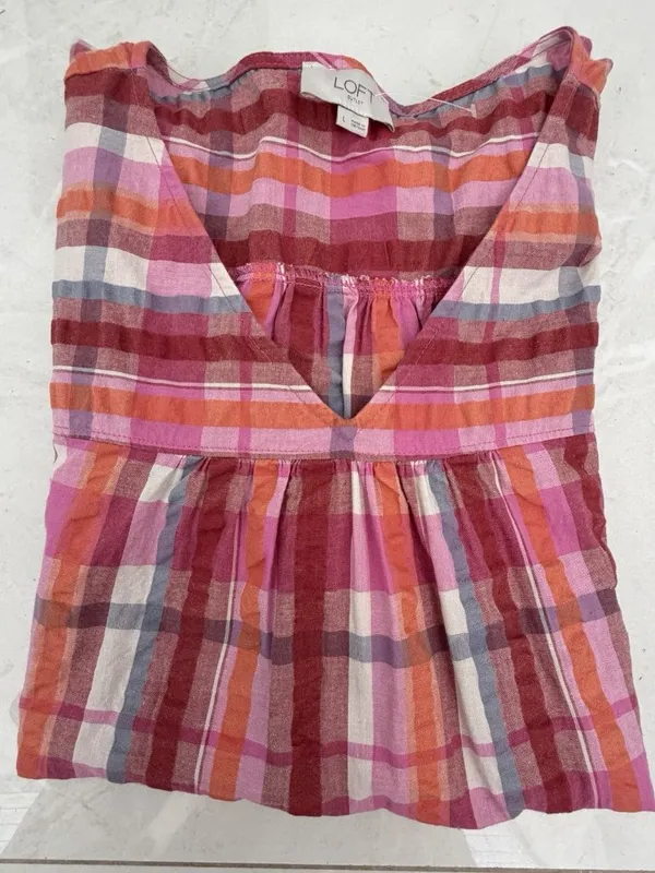 NEW LOFT Outlet Orange Pink Plaid V-Neck Flutter Ruffle Sleeve Blouse Top LARGE - Image 3