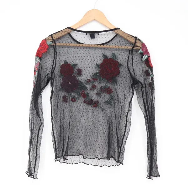 American Eagle Top Womens S Mesh Floral Embroidered Black Sheer Excellent - Image 3