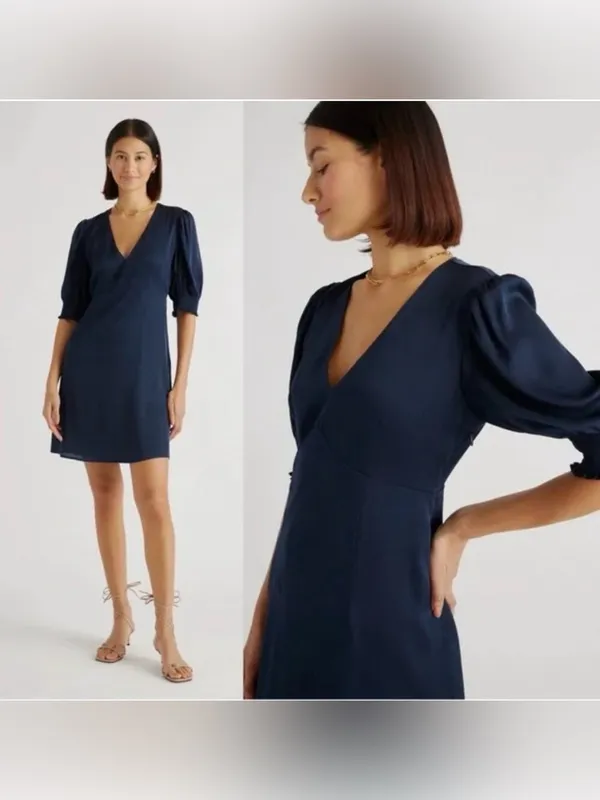 Quince Washable Stretch Silk Puff Sleeve Mini Dress Medium Navy Minimal Fall - Image 6