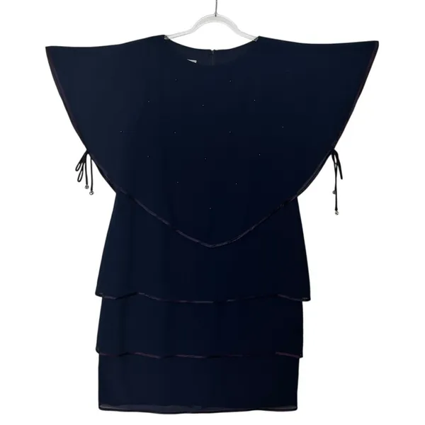 Late 1980s–1990s Patra Blue Chiffon Cape Overlay Beaded Dress Midi XL - Image 15
