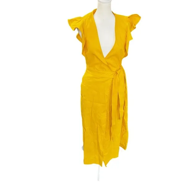 A.L.C. Walker Yellow Linen Blend Wrap Midi Dress Ruffle Sleeve Size 4 - Image 8