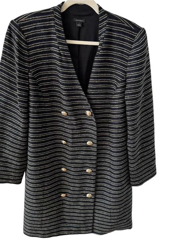 Ann Taylor Tweed Longline Blazer Coat Navy Golden Brown Stripe Size 8 - Image 10
