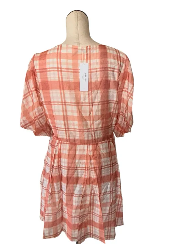 NWT EverNew Krissy Curve Plaid Wrap Dress Coral Check White Puff Sleeve 18 - Image 4