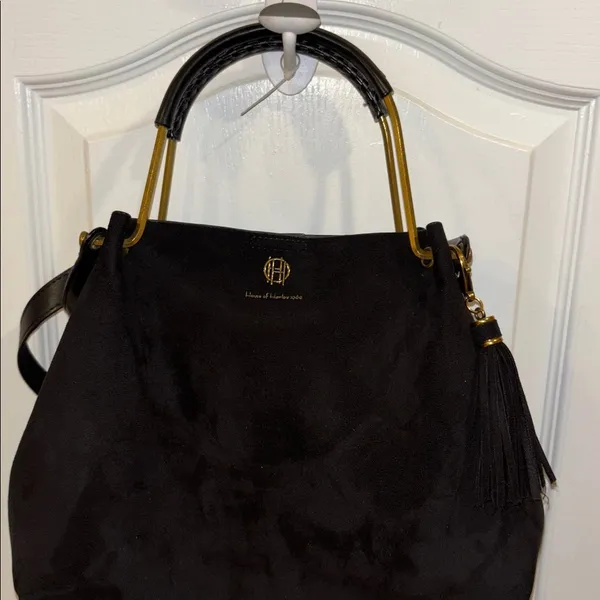 House Of Harlow 1960 Black Suede Bag W/ Shoulder Strap Gold/Brass Toned Handle - Image 6