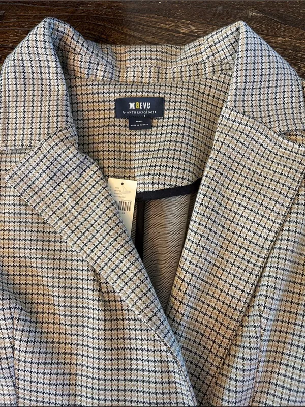 Maeve Anthropologie Collegiate‎ Knit Blazer Asymmetrical Check Brown Small NWT - Image 4