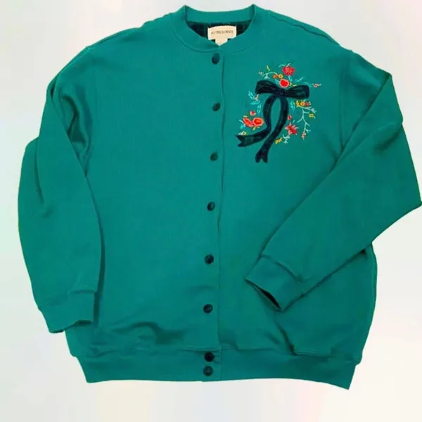 Vintage 90s Alfred Dunner green Cardigan Plaid Bow L - Image 2