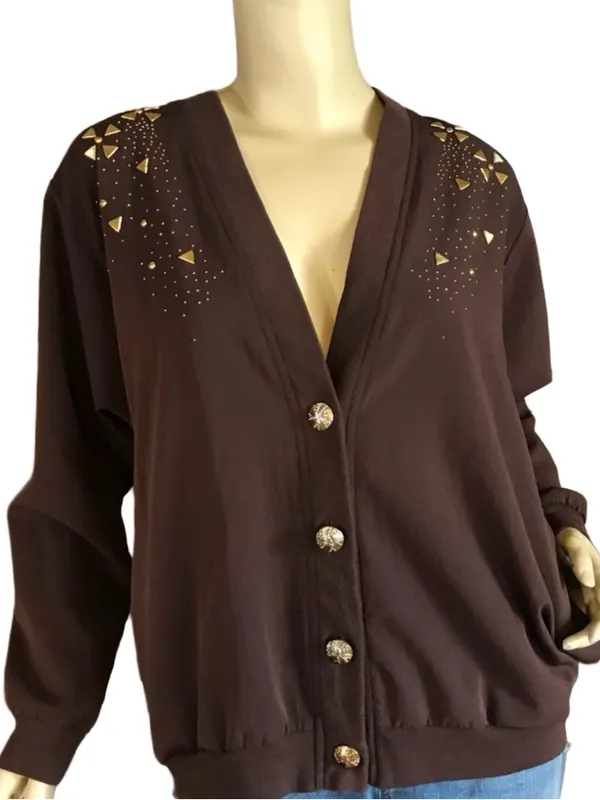 Vintage 1980'S Brown Nylon & Gold Stud Cardigan/Jacket (L) - Image 2
