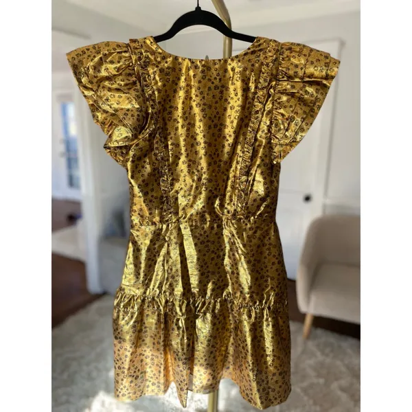 LoveShackFancy‎ Mini Party Dress Gold Metallic Floral Puff Sleeve Quiet Lixury - Image 3