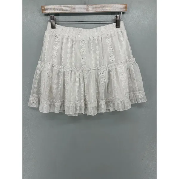 Forever 21 Womens Skirt White Eyelet Ruffle Tiered Boho‎ Mini M - Image 3
