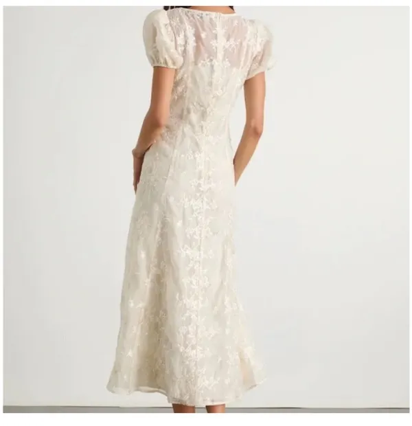 Lulus Elfrieda Cream Floral Embroidered Puff Sleeve Midi Dress - Image 3