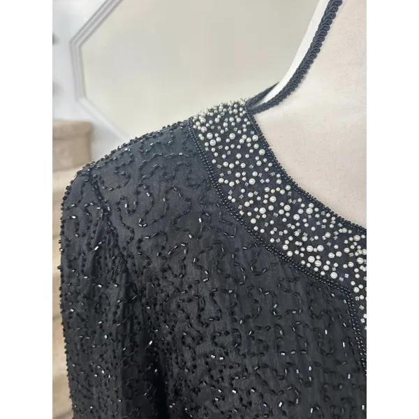 Vintage Old Money Black Silk Faux Pearl Trim Beaded Blazer Evening Jacket - Image 4