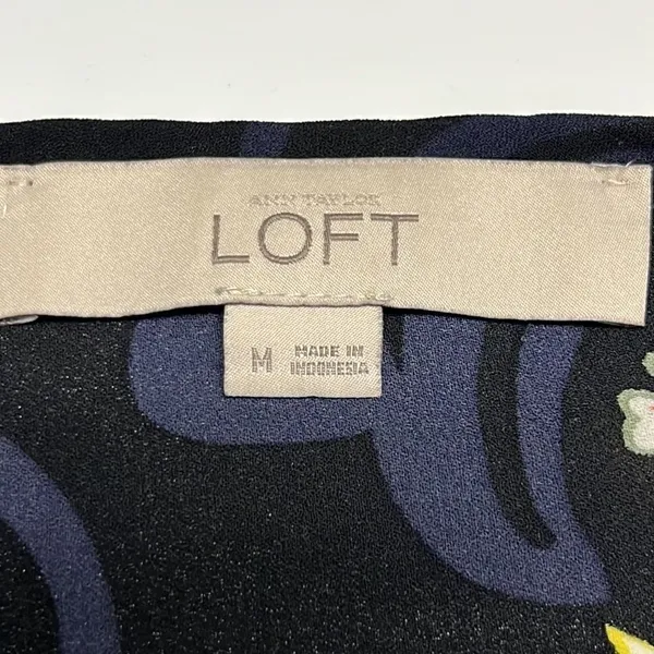 LOFT Black and Navy CrewNeck Floral Long Sleeve Blouse with Side Slits- Medium - Image 11
