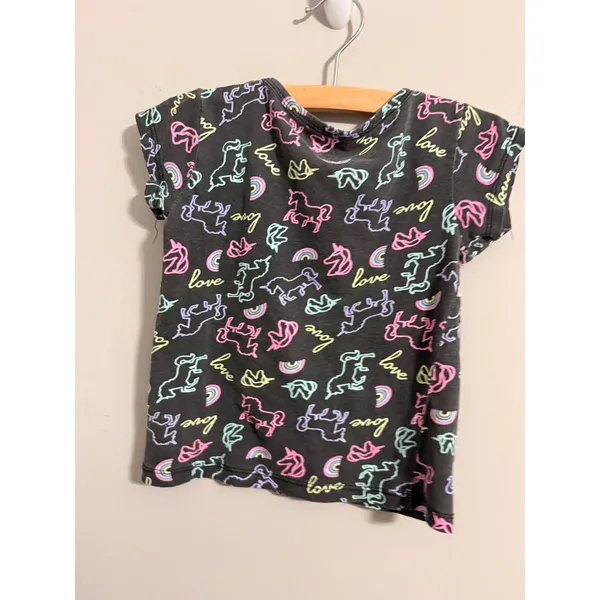 One Step Up T-Shirt Girls M 5/6 Black Neon Unicorn Rainbow Love Print Tee - Image 3