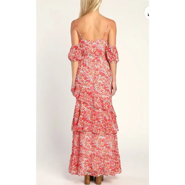 Lulus Posh Petals Red Floral Lurex Cold Shoulder Maxi Dress Size Large‎ Boho - Image 5