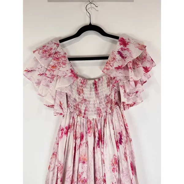 MISA Dress Pink Dina Mini Off Shoulder Smocked Abstract Rose Flowy Coquette XS - Image 10