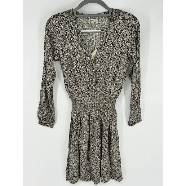 Faherty Dress Brown Montara Leaf Batik Long Sleeve Mini Smocked Swing Flowy XXS - Image 2