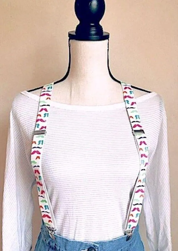 White Suspenders w/ Multicolored Neon Mustache Pattern: Stretchy, Adjustable Multiple - Image 2